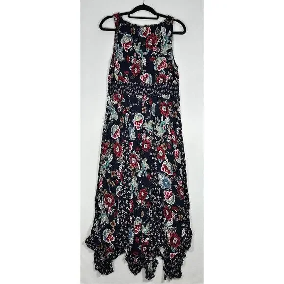 Bila Maxi Dress Women's XL Multi Floral Smocked Waist Tie Front Handkerchief Hem - Picture 3 of 6